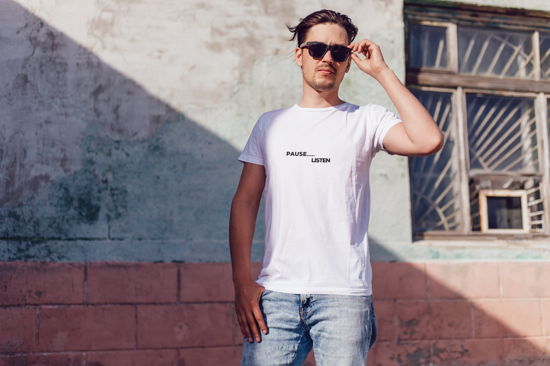 man in white tshirt with black sunglasses