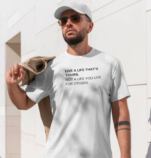 white T-shirt with black font